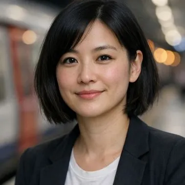 East Asian woman mid-30s, dark bob, composed expression, dark blazer