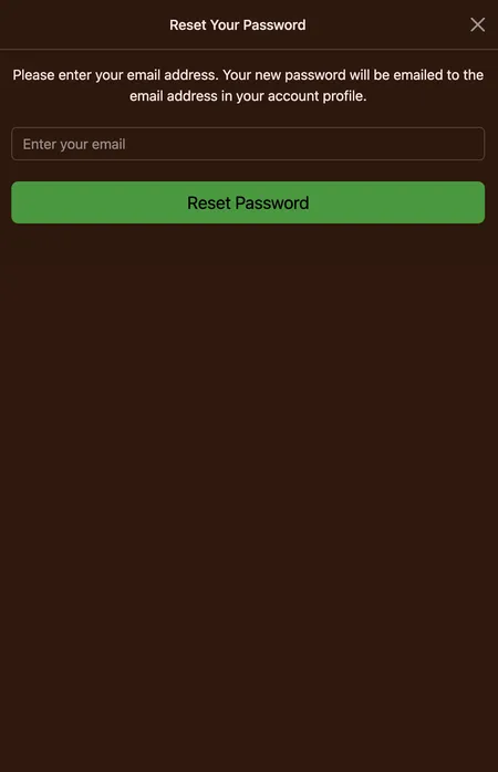 Cocoa Casino password reset screen with email input